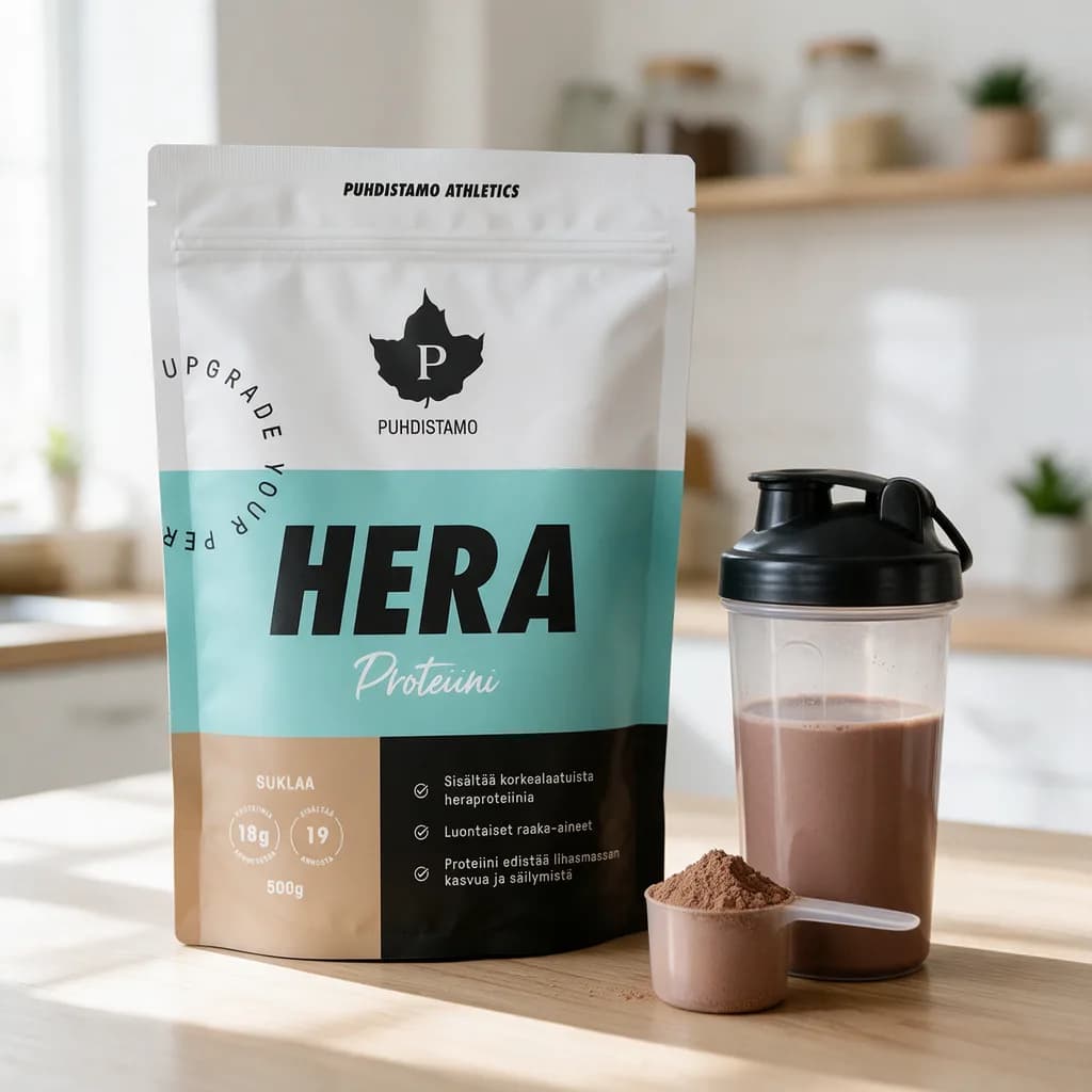 Puhdistamo Athletics Hera Proteiini -pussi keittiön työtasolla