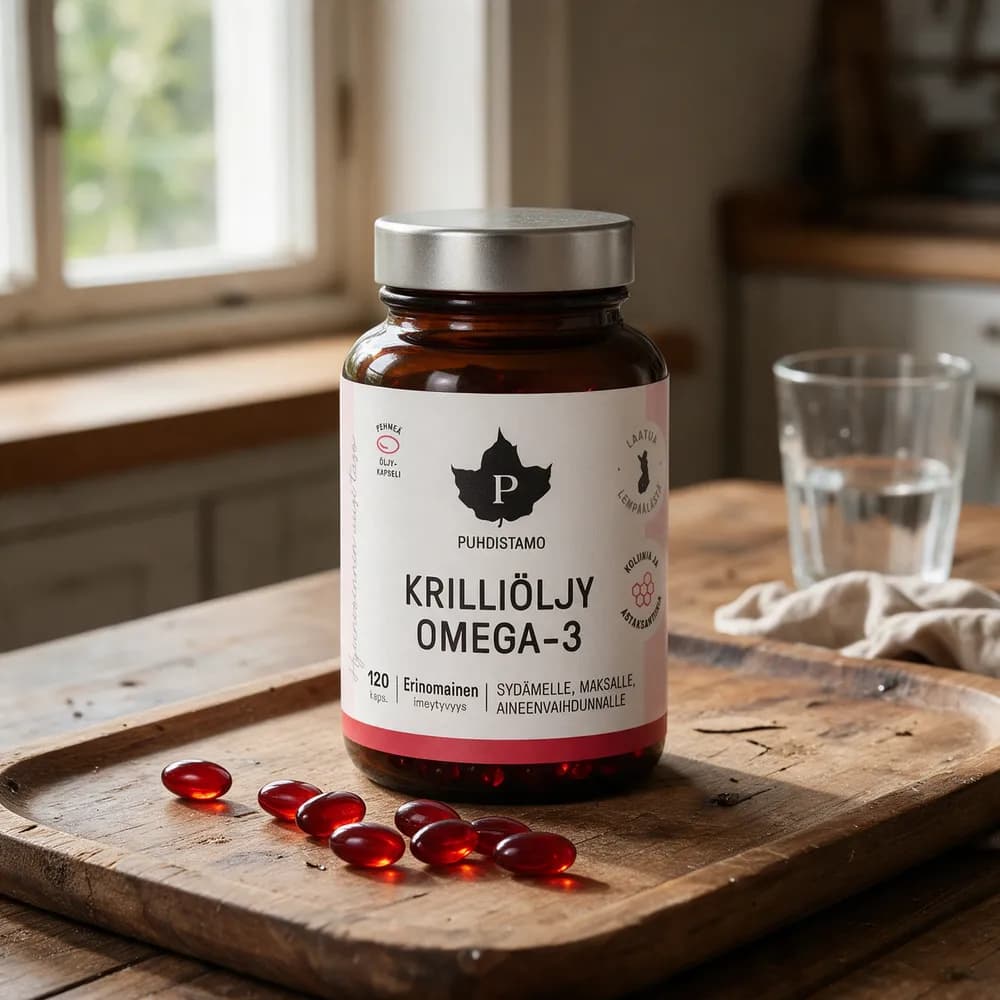 Puhdistamo Krilliöljy Omega-3 -purkki ja punaisia kapseleita puisella tarjottimella