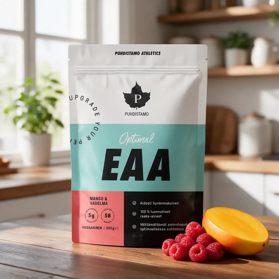 Valkoinen Puhdistamo Optimal EAA -pussi turkoosilla ja punaisella kaistalla puisella keittiön pöydällä