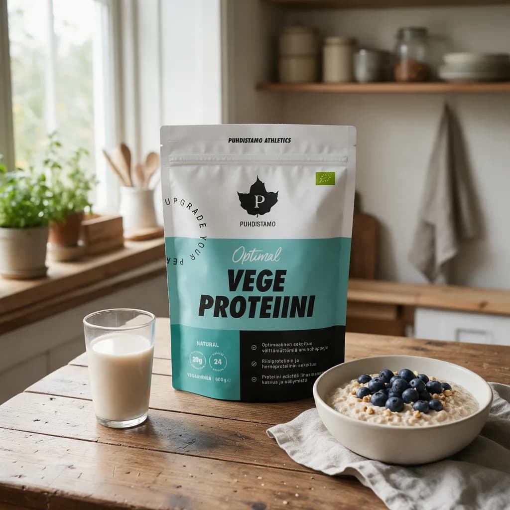 Puhdistamo Optimal Vegeproteiini Natural -pussi puisella pöydällä kaurajuomalasin ja mustikoilla koristellun tuorepuuron vieressä