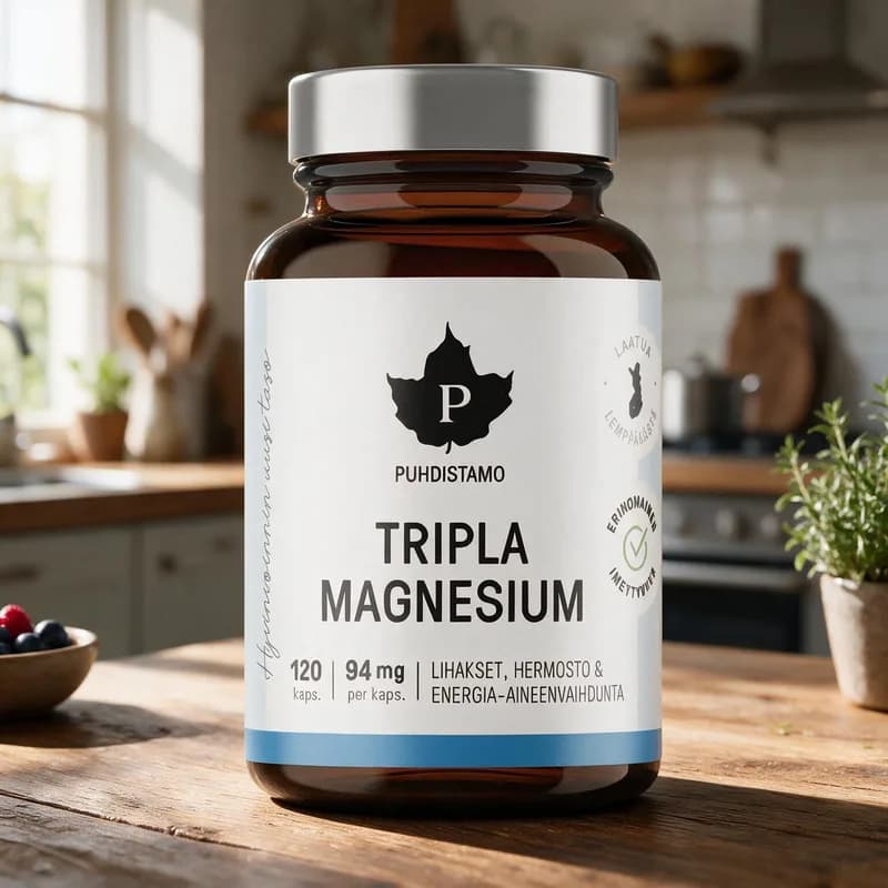 Puhdistamo Tripla magnesium -purkki keittiön työtasolla