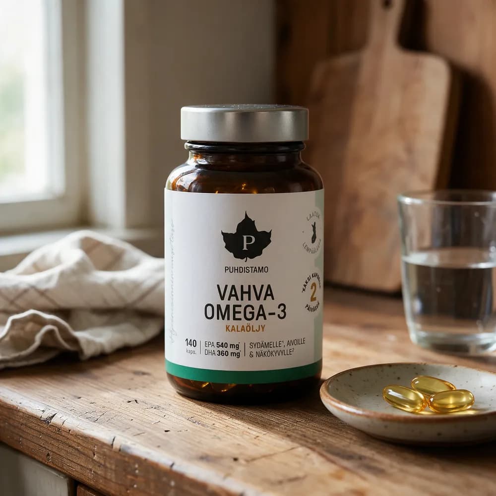 Puhdistamo Vahva Omega-3 -purkki ja muutama kapseli puisella keittiötasolla