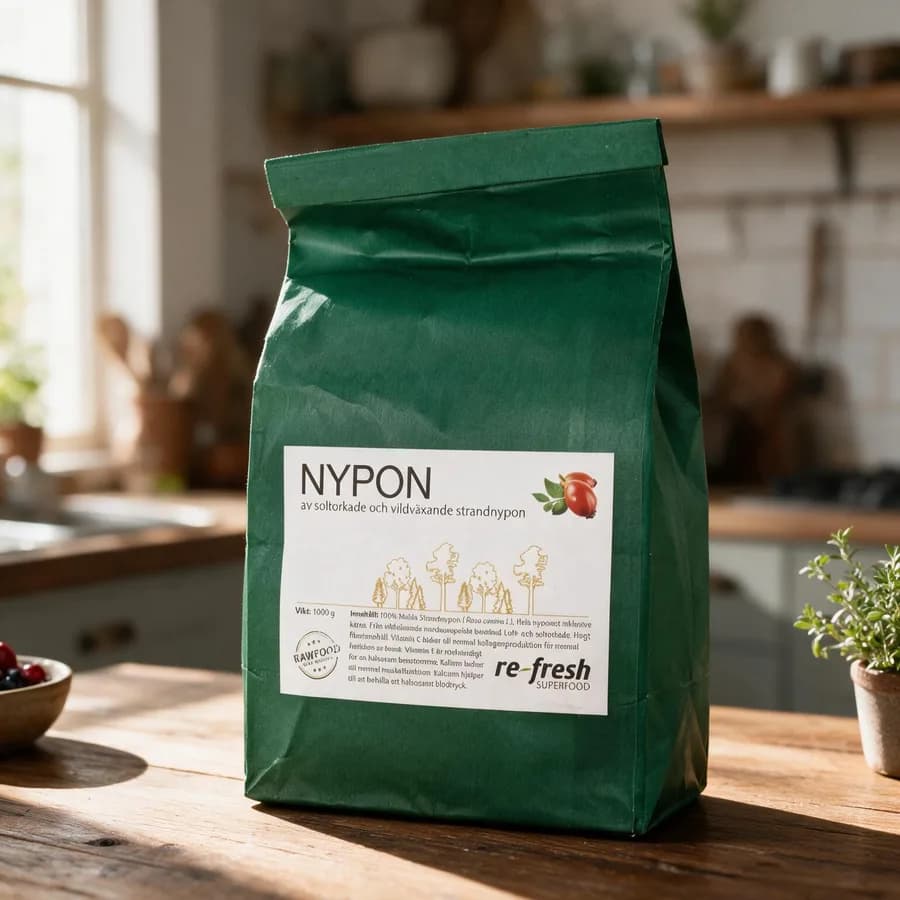 Tummanvihreä Re-fresh Superfood Nypon -paperipussi puisella keittiön pöydällä