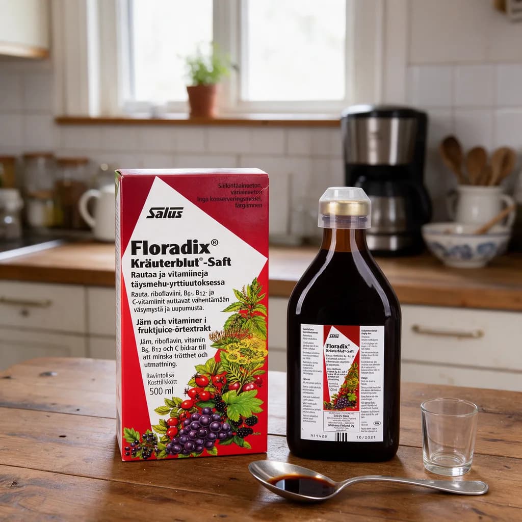 Salus Floradix -pakkaus ja tumma pullo puisella keittiön työtasolla, edessä lusikka ja pieni lasi