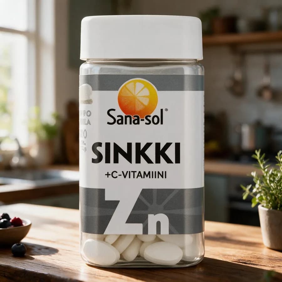 Läpikuultava Sana-sol Sinkki + C-vitamiini -purkki oranssilla logolla puisella keittiön pöydällä, valkoiset soikeat tabletit näkyvät purkin läpi