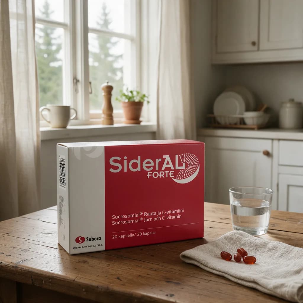 SiderAL Forte -rasia puisella keittiön pöydällä, vieressä kapseleita liinalla ja vesilasi