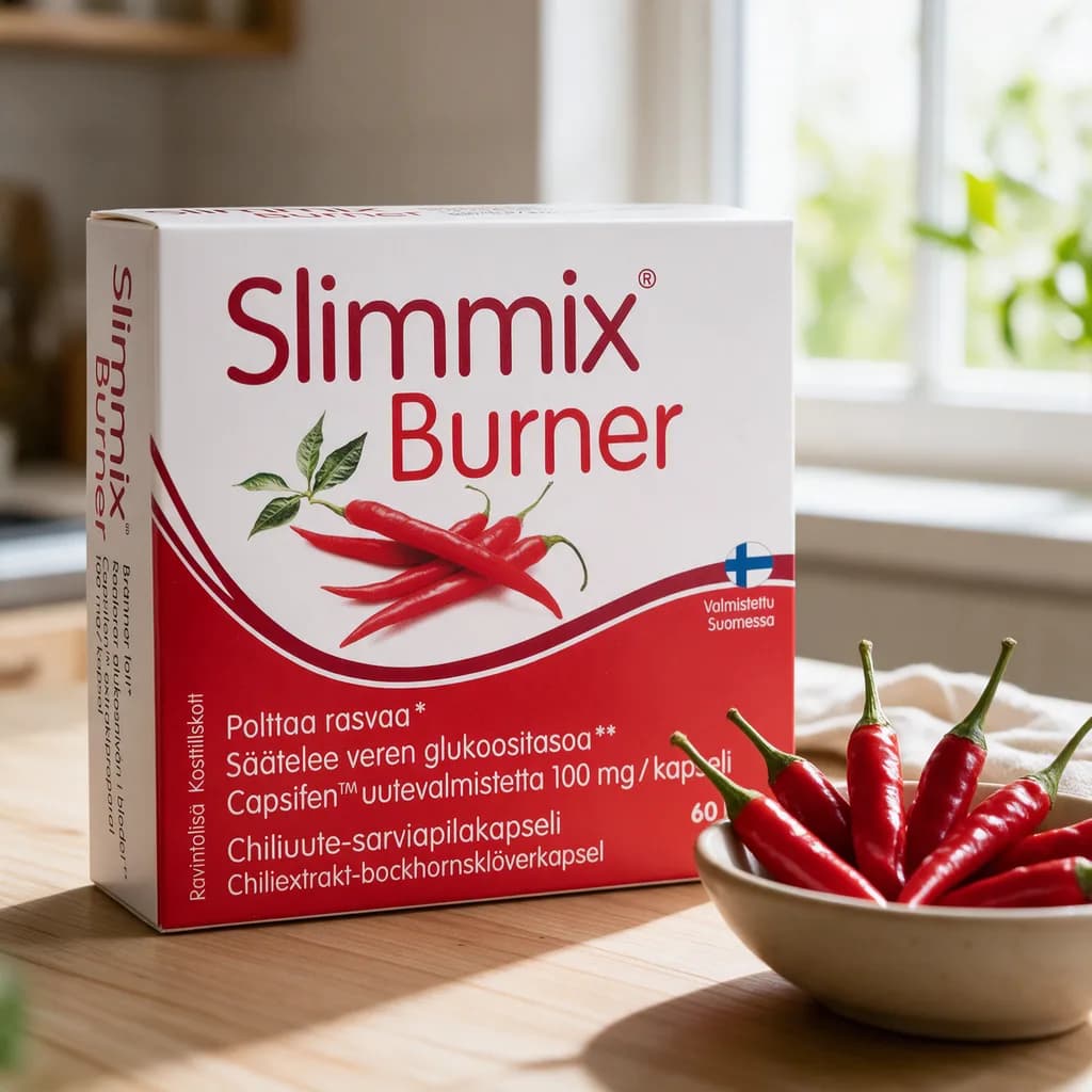 Puna-valkoinen Slimmix Burner -rasia ja pieni kulho punaisia chilejä puisella keittiön pöydällä