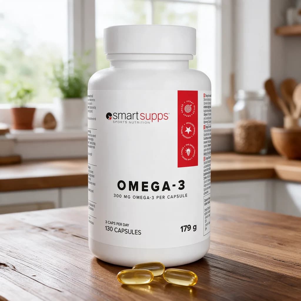 SmartSupps Omega-3 -purkki puisella keittiön pöydällä, edessä pieniä kullankeltaisia kapseleita