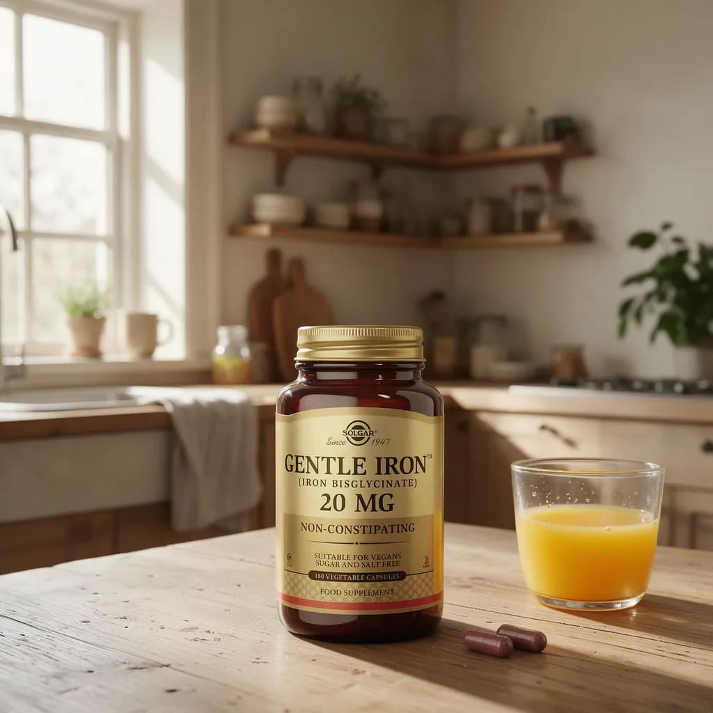 Solgar Gentle Iron -lasipurkki puisella keittiön pöydällä appelsiinimehulasin ja kahden kapselin vieressä