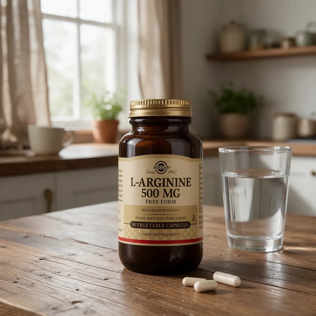 Solgar L-Arginine 500 mg -lasipurkki puisella keittiön pöydällä vesilasin ja kahden kapselin vieressä