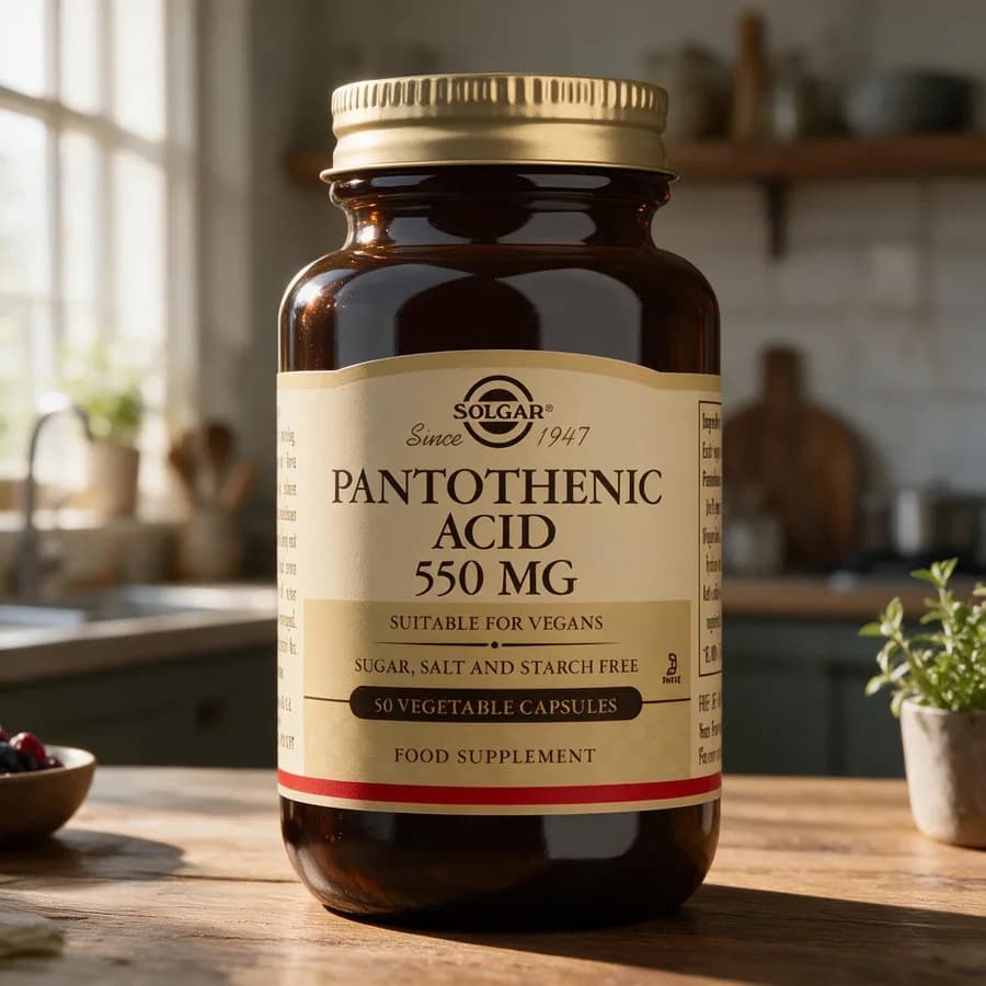 Ruskea Solgar Pantothenic Acid 550 mg -lasipurkki kultaisella kannella ja kermanvärisellä etiketillä puisella keittiön pöydällä