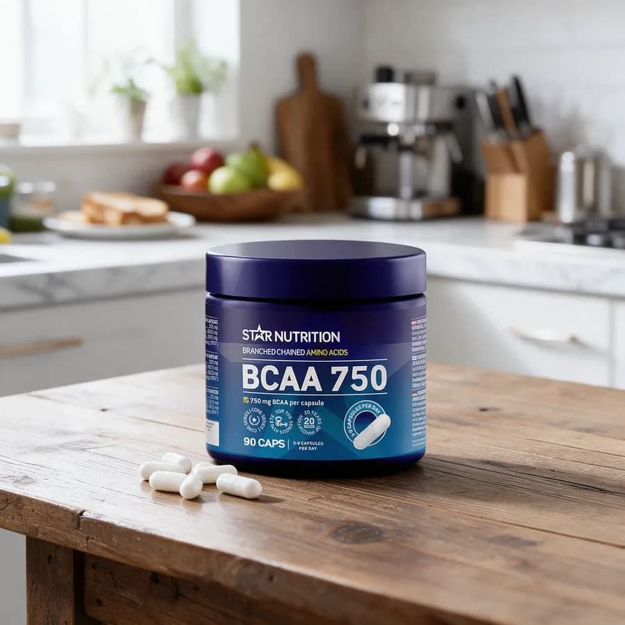 Sininen Star Nutrition BCAA 750 -purkki puisella keittiön pöydällä, edessä muutama valkoinen kapseli