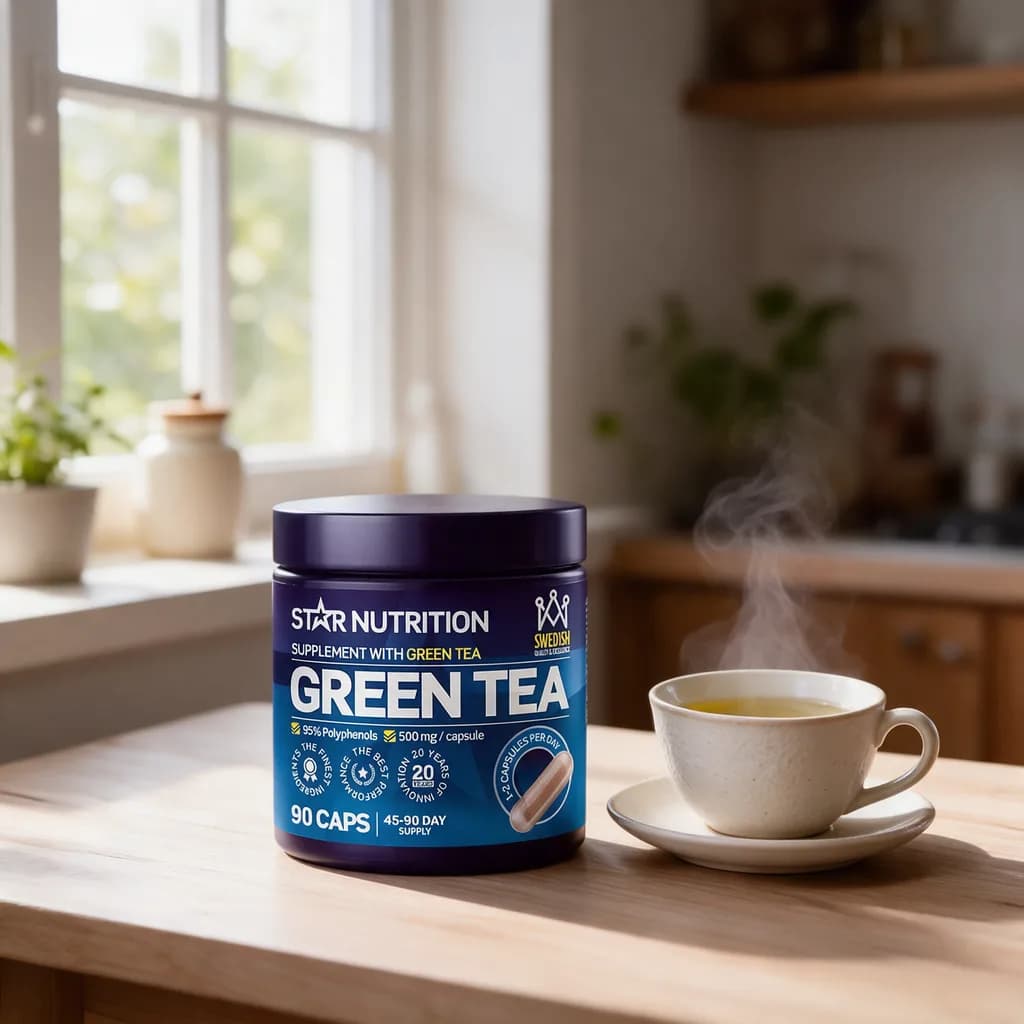 Sininen Star Nutrition Green Tea -purkki ja kuppi vihreää teetä puisella keittiön pöydällä