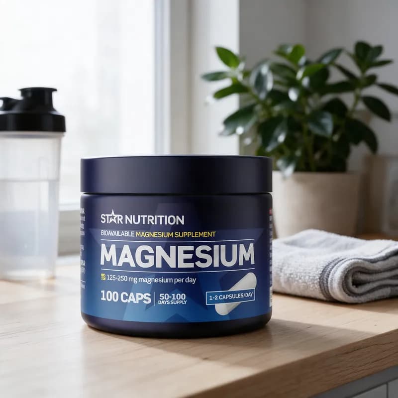 Star Nutrition Magnesium -purkki keittiön pöydällä shakerin ja pyyhkeen vieressä