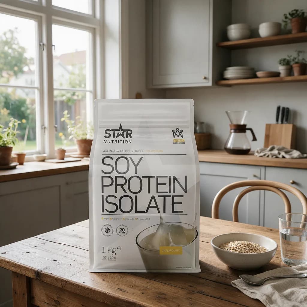 Star Nutrition Soy Protein Isolate -pussi puisella keittiön pöydällä kaurahiutalekulhon ja vesilasin vieressä