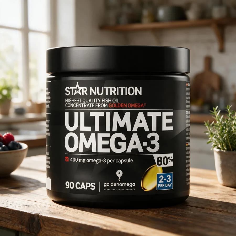 Star Nutrition Ultimate Omega-3 -purkki puupöydällä, taustalla ikkuna ja yrttiruukku