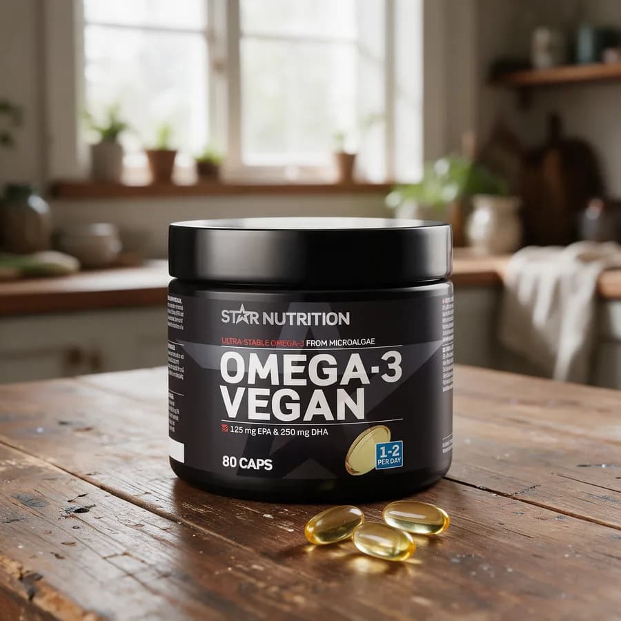 Musta Star Nutrition Omega-3 Vegan -purkki puisella keittiön pöydällä, edessä muutama kellertävä kapseli