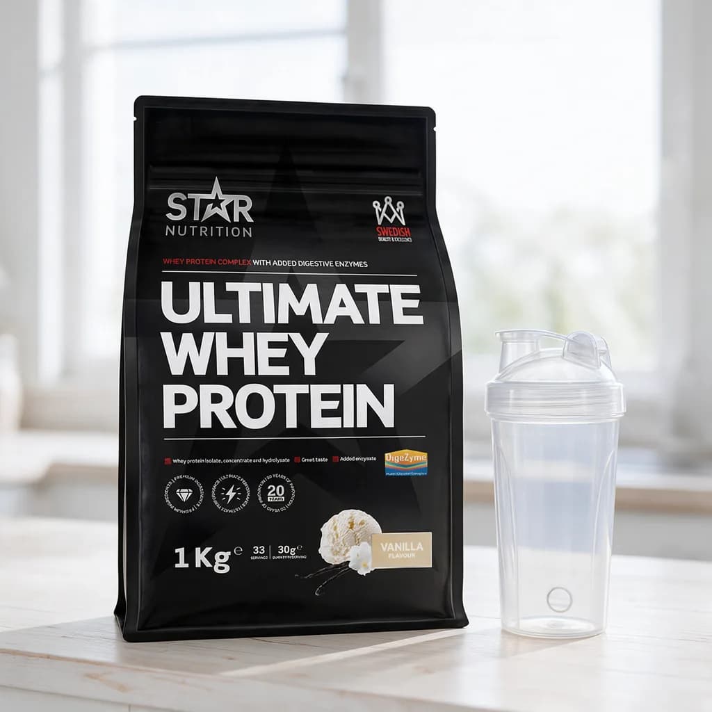 Star Nutrition Ultimate Whey Protein Vanilla -pussi vaalealla keittiön työtasolla shakerin vieressä