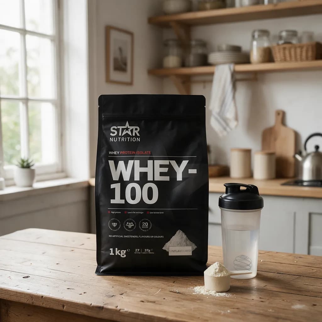 Star Nutrition Whey-100 Maustamaton -pussi puisella keittiön pöydällä shakerin ja jauhemitan vieressä