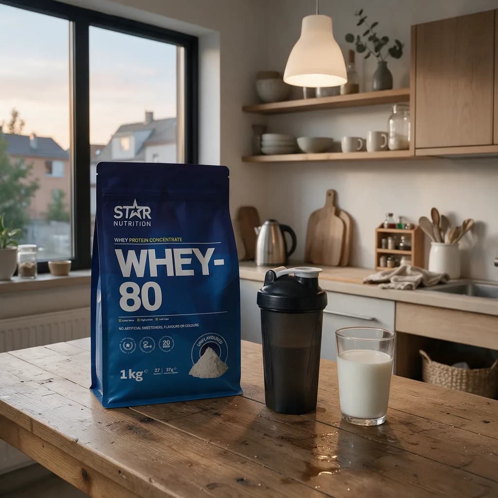 Star Nutrition Whey-80 -pussi keittiön pöydällä mustan shakerin ja maitolasin vieressä illan valossa