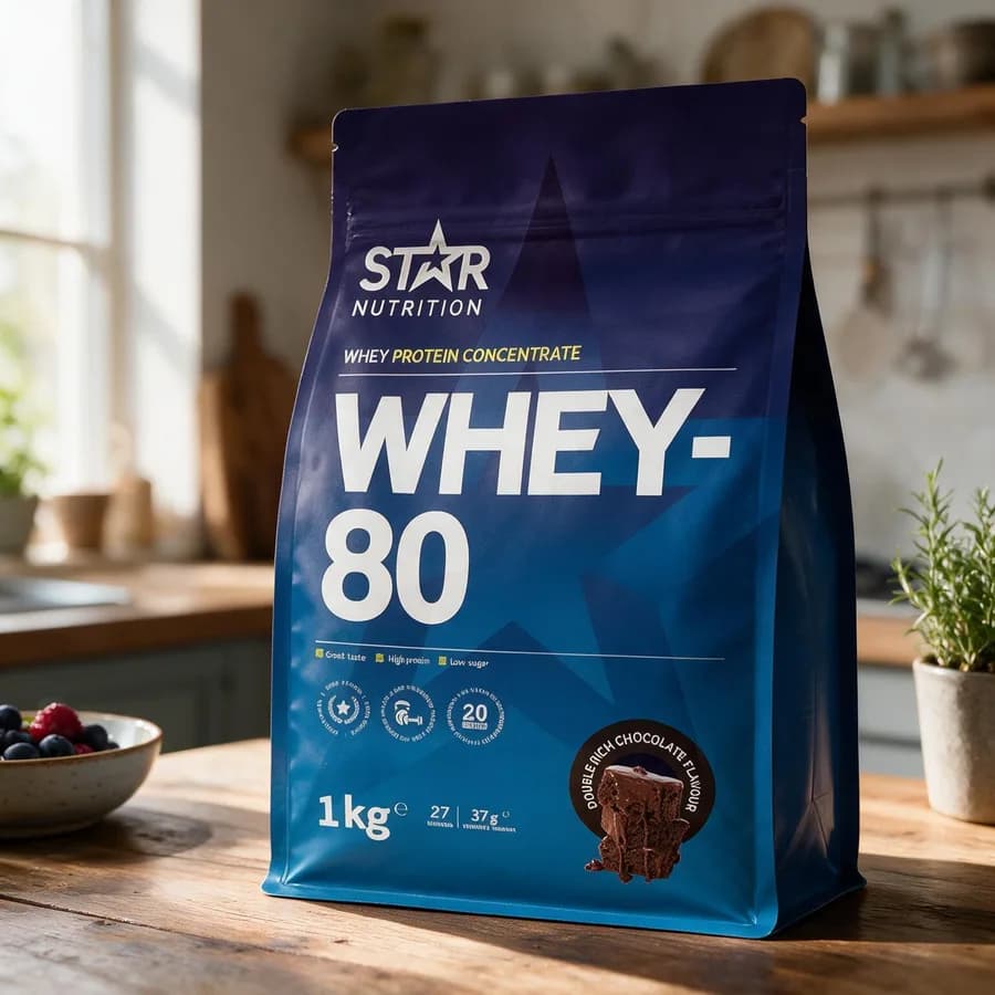Star Nutrition Whey-80 Double Rich Chocolate -pussi puisella keittiön pöydällä marjakulhon vieressä