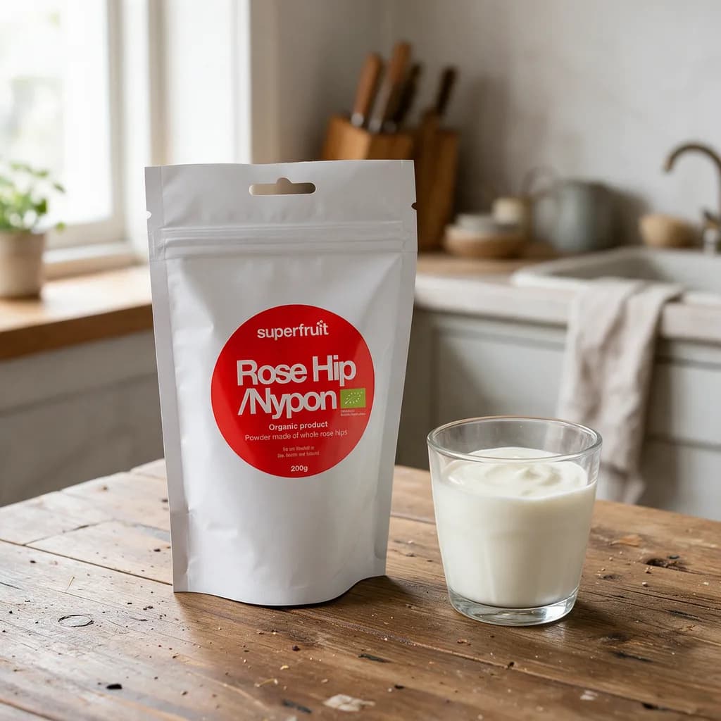 Valkoinen Superfruit Rose Hip Nypon -pussi punaisella etiketillä puisella keittiön pöydällä