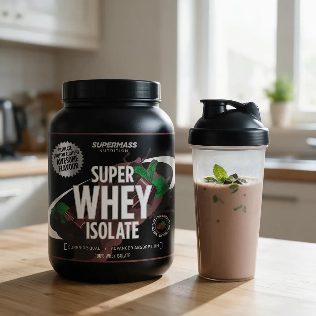 Supermass Nutrition Super Whey Isolate -purkki keittiön pöydällä shakerin vieressä