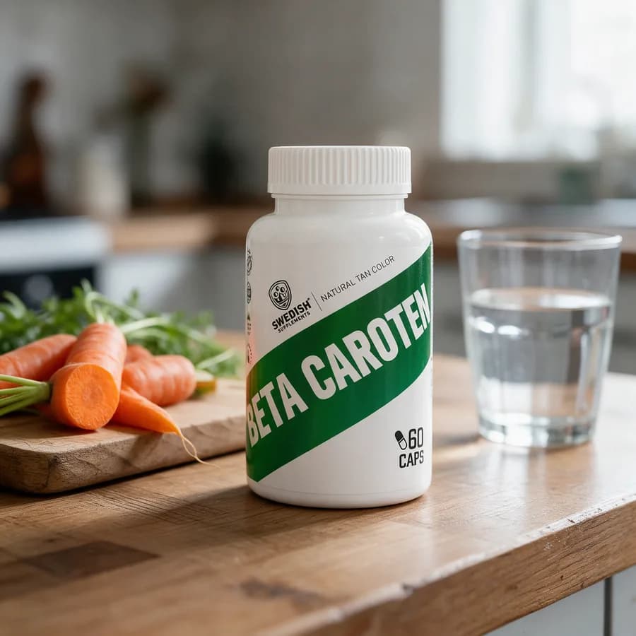 Swedish Supplements Beta Caroten -purkki puisella keittiön työtasolla