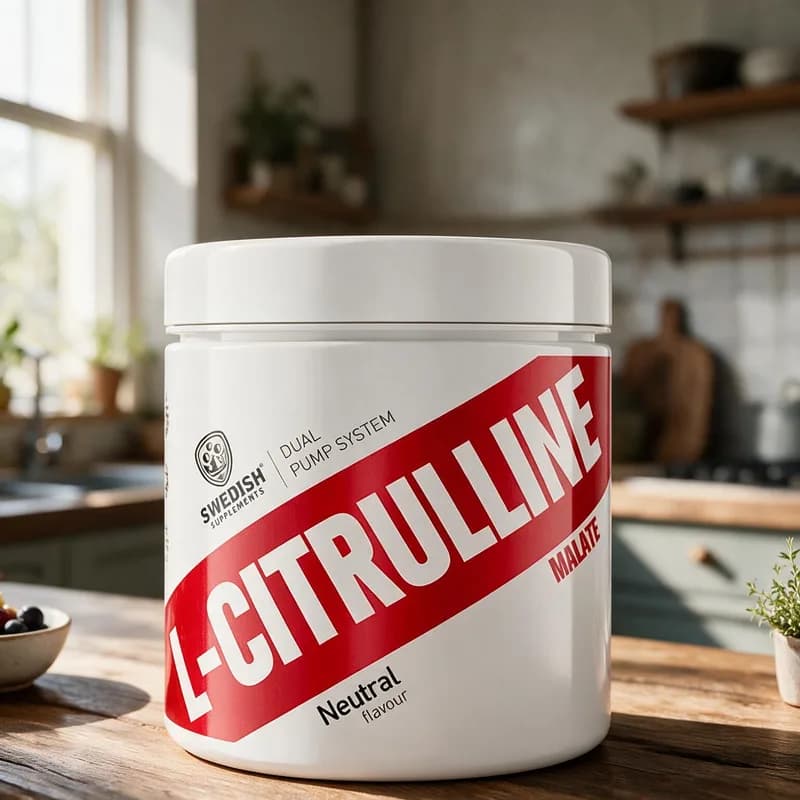 Valkoinen Swedish Supplements L-Citrulline Malate -purkki punaisella raidalla puisella keittiön pöydällä