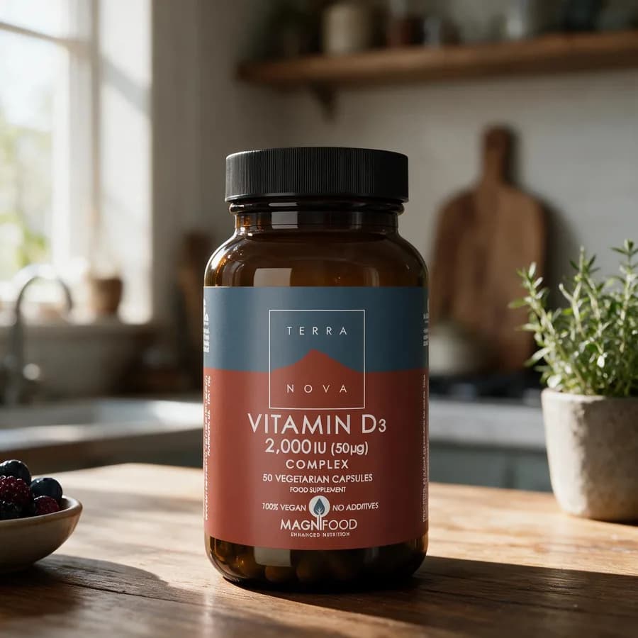 Ruskea Terranova Vitamin D3 Complex -lasipurkki punaisella etiketillä puisella keittiön pöydällä aamuvalossa