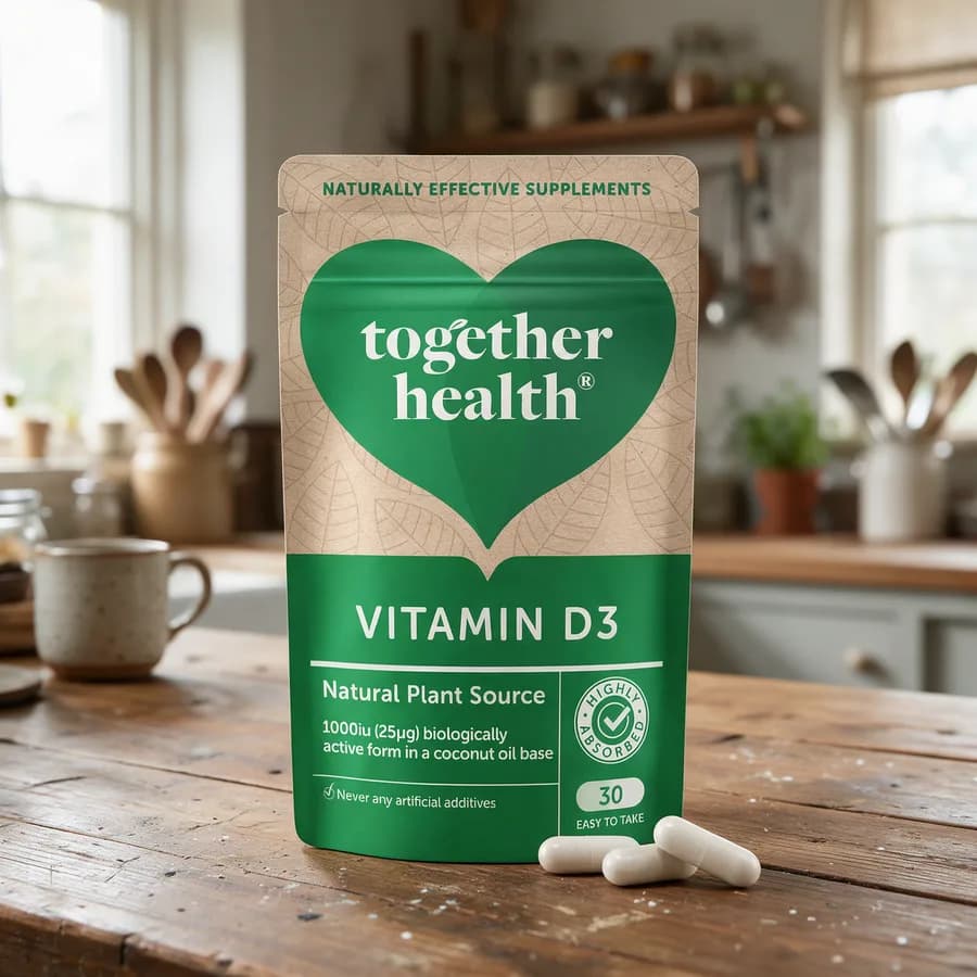 Beige-vihreä Together Health Vitamin D3 -pussi vihreällä sydänkuviolla puisella keittiön pöydällä, edessä muutama vaalea kapseli