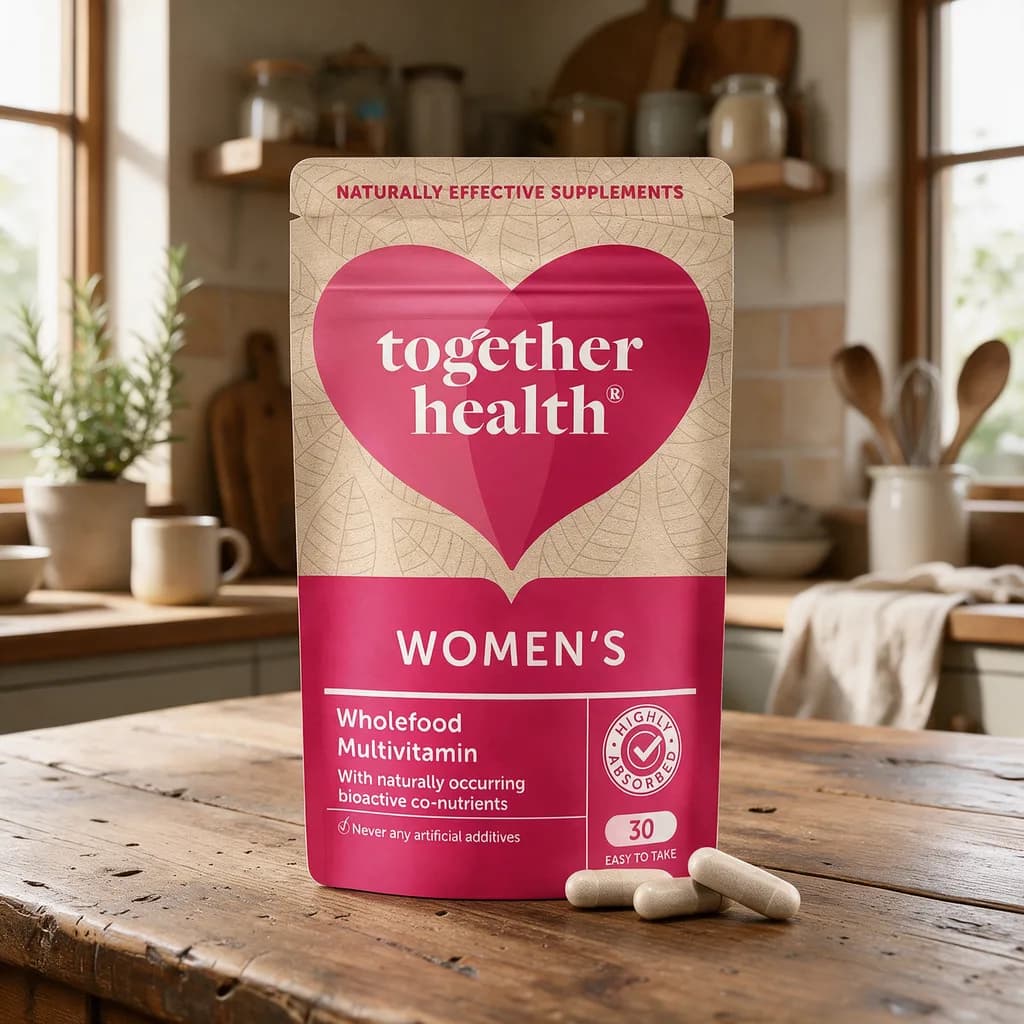 Vaaleanpunainen Together Health Women's -pussi puisella keittiön pöydällä, edessä muutama kapseli