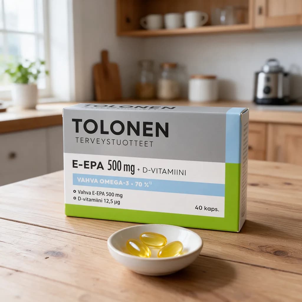 Tolonen E-EPA 500 mg -rasia puisella keittiön pöydällä, edessä kapseleita pienessä kulhossa