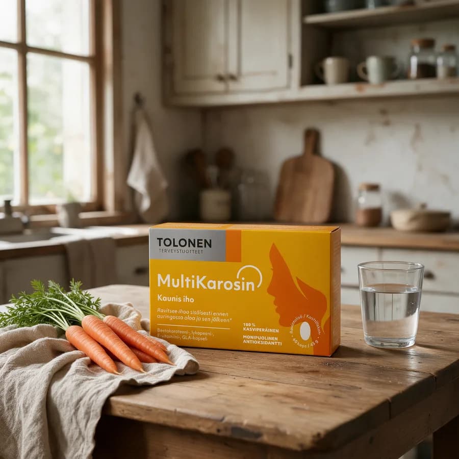Tolonen MultiKarosin -rasia puisella keittiöpöydällä aamuvalossa