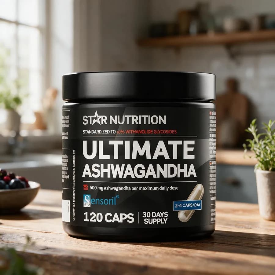 Musta Star Nutrition Ultimate Ashwagandha -purkki puisella keittiön pöydällä, edessä valkoisia kapseleita