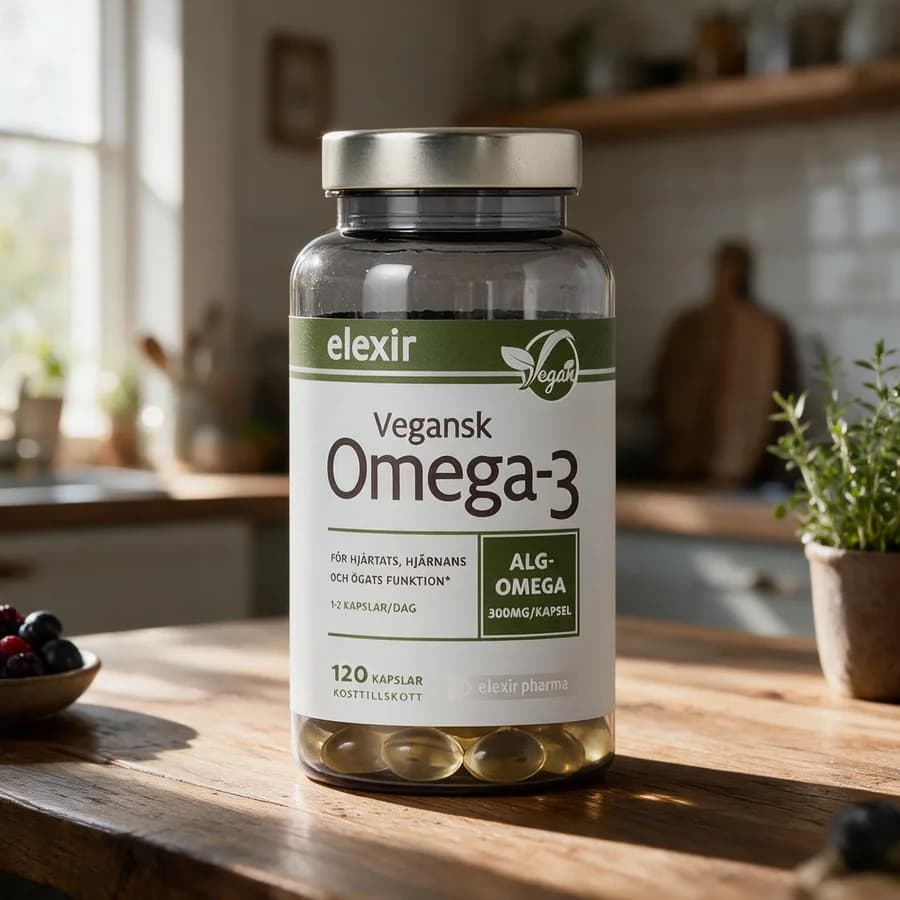 Elexir Pharma Vegansk Omega-3 -purkki hopeanvärisellä kannella puisella keittiön pöydällä, taustalla yrttiruukku