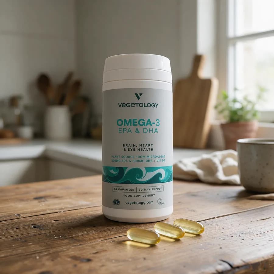 Valkoinen Vegetology Omega-3 -purkki puisella keittiön pöydällä, edessä muutama pitkä kellertävä kapseli