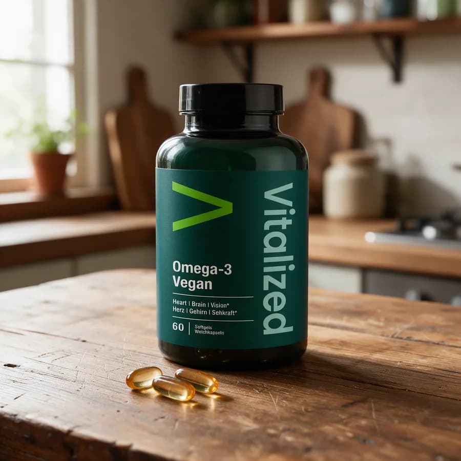 Tummanvihreä Vitalized Omega-3 Vegan -purkki puisella keittiön pöydällä, edessä muutama kullanruskea softgel