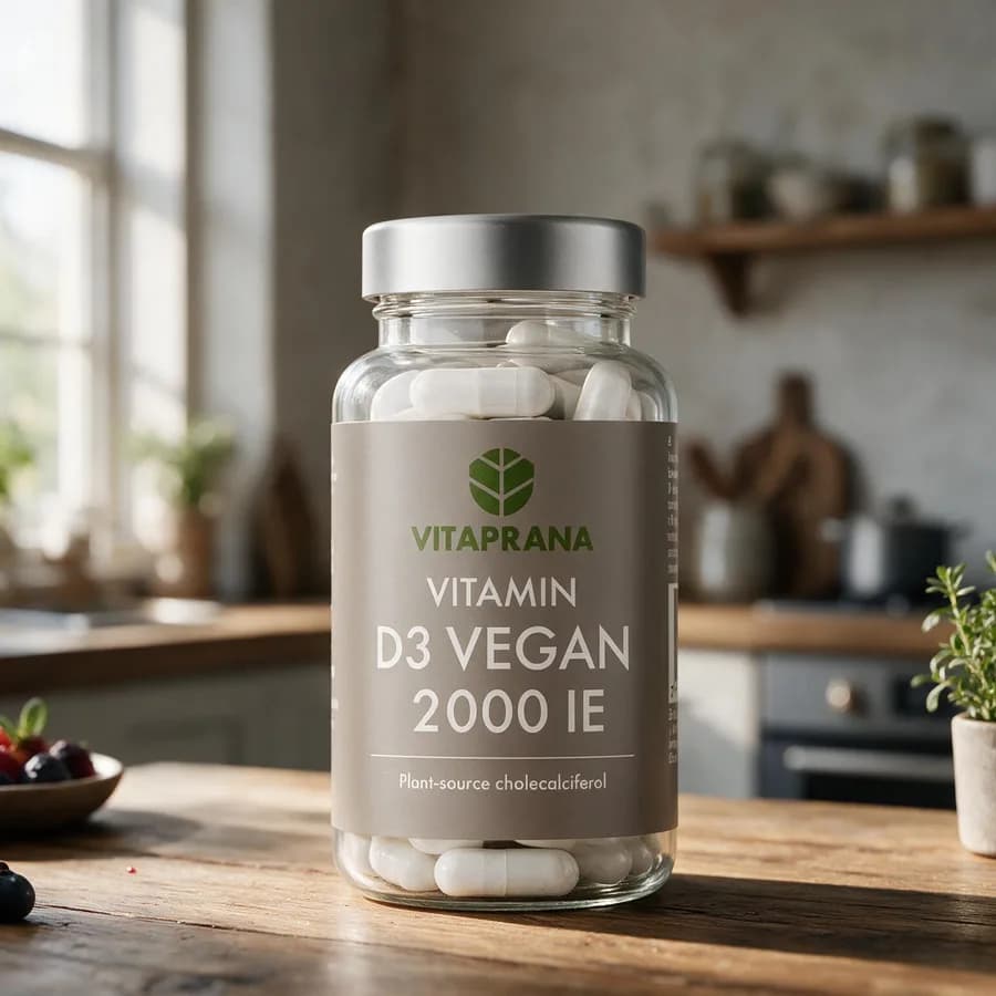 Läpinäkyvä Vitaprana Vitamin D3 Vegan -purkki hopeisella kannella ja harmaalla etiketillä puisella keittiön pöydällä, purkissa valkoisia kapseleita