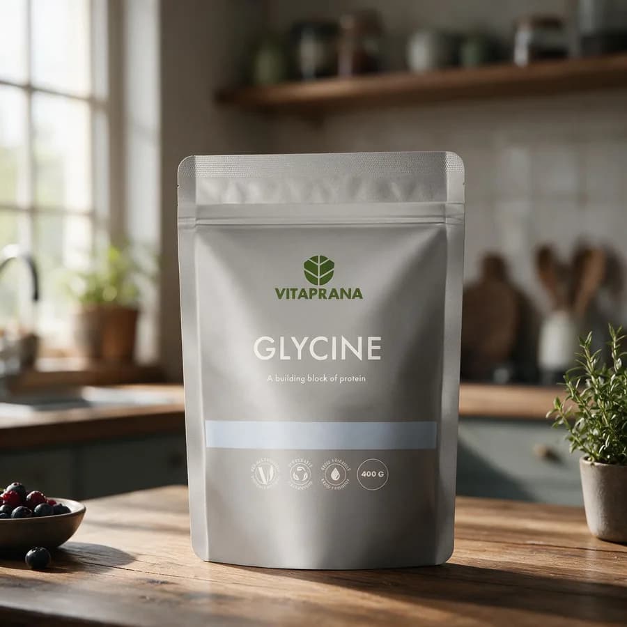 Harmaa Vitaprana Glycine -jauhepussi puisella keittiön pöydällä