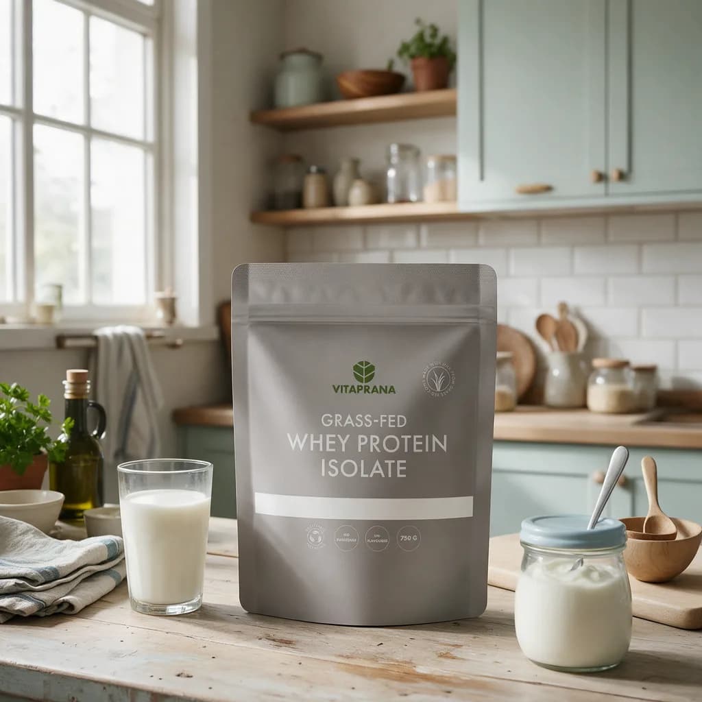 Vitaprana Grass-fed Whey Protein Isolate -pussi keittiön työtasolla maitolasin ja jogurttipurkin vieressä
