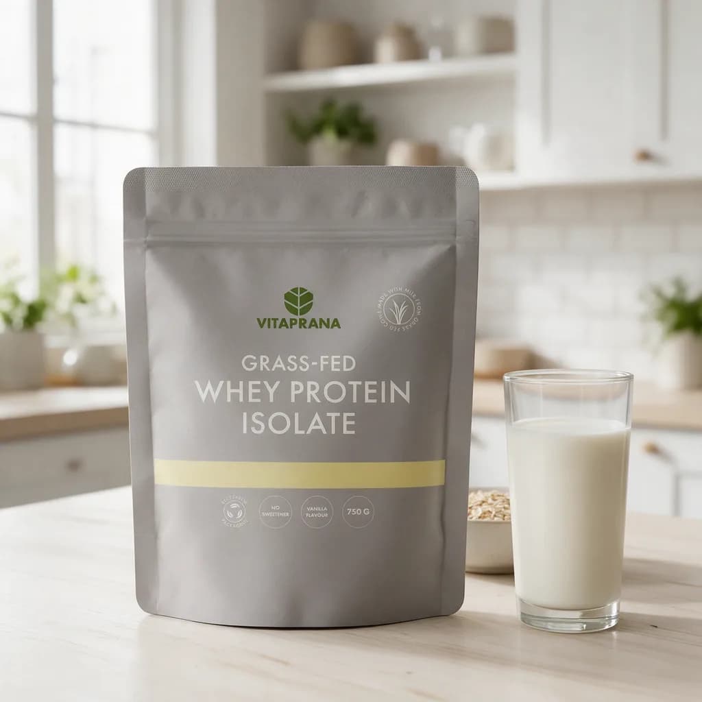 Vitaprana Grass-fed Whey Protein Isolate Vanilla -pussi vaalealla keittiön työtasolla maitolasin vieressä