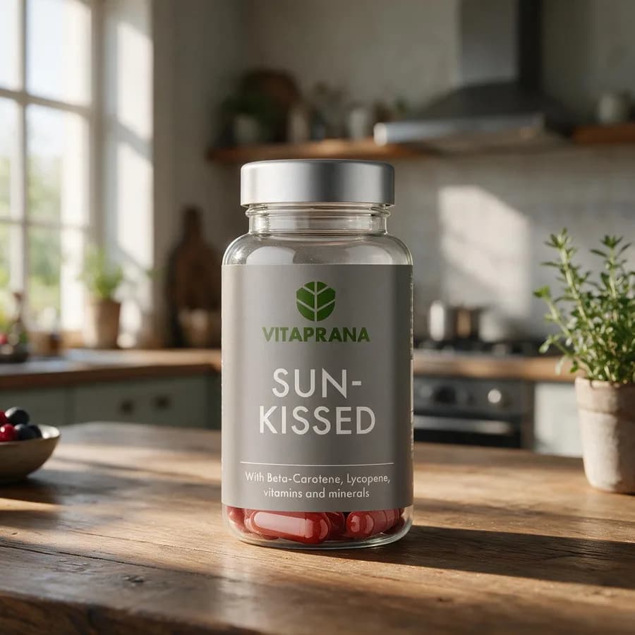 Vitaprana Sunkissed -purkki puisella keittiöpöydällä