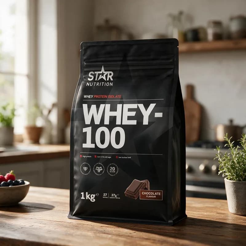 Star Nutrition Whey-100 Chocolate -pussi puisella keittiön pöydällä marjakulhon vieressä