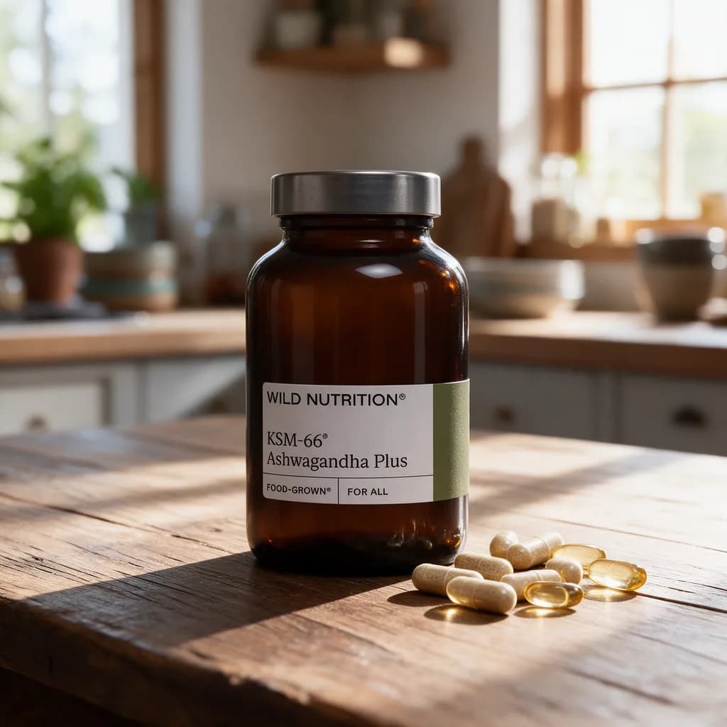 Ruskea Wild Nutrition KSM-66 Ashwagandha Plus -lasipurkki valkoisella etiketillä puisella keittiön pöydällä, vieressä kapseleita