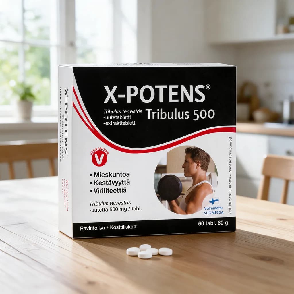 Valkoinen ja musta X-potens Tribulus 500 -rasia puisella keittiön pöydällä, edessä valkoisia tabletteja