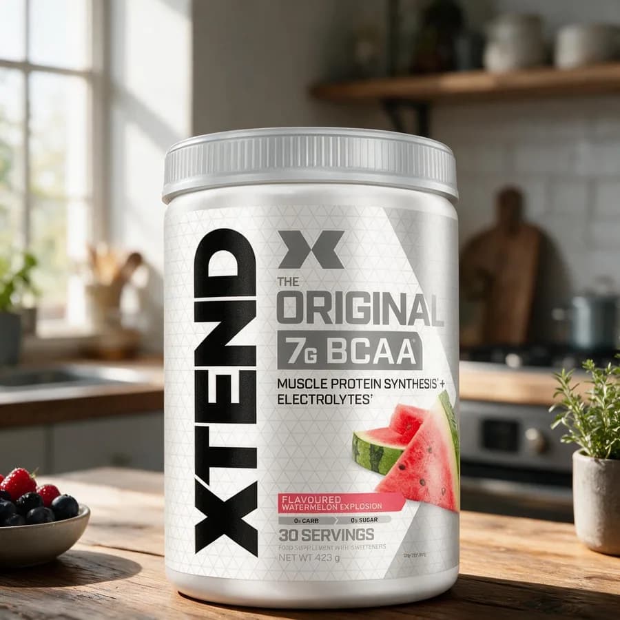 Valkoinen Xtend BCAA -purkki vesimelonin kuvalla puisella keittiön pöydällä, vieressä kulho marjoja