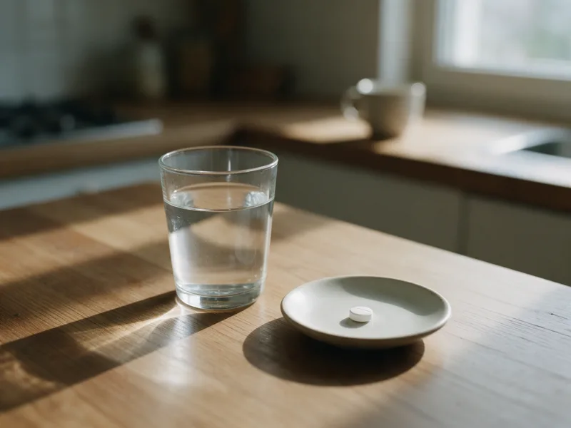 Vesilasi ja pieni lautanen, jolla on yksi valkoinen tabletti, puisella keittiön pöydällä aamuvalossa