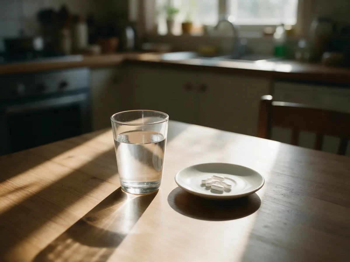Aamuauringon valaisema puupöytä, jolla on vesilasi ja pienellä lautasella muutama valkoinen tabletti