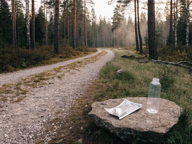Soratie metsän läpi aamuvalossa, tien reunalla kivellä kääreetön geelipussi ja juomapullo